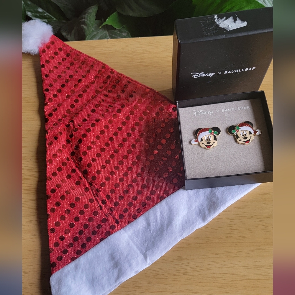 DISNEY  & BAUBLEBAR Santa Mickey Stud earrings and Santa sequin hat. NWT*